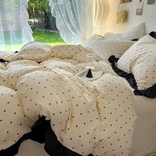Polka Dot Pattern Black Frill Monotone Duvet Cover Set  All Season