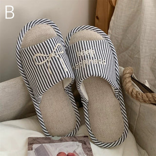 Ribbon embroidered striped linen room shoes  3 sizes indoor slippers.