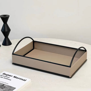 Iron Handle Leather Rectangular Tray  Storage
