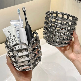 Silver Amiami Ceramic Brush Stand   Small Item Storage Candle Holder