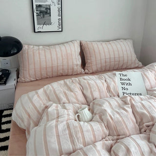 Pink Stripe Fluffy Flannel Duvet Cover Set