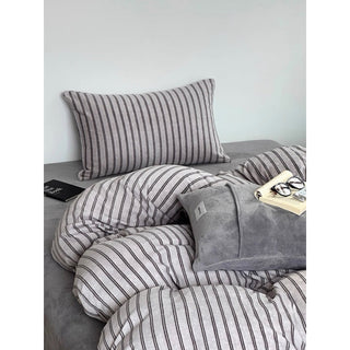 Gray Double Stripe Milk Velvet Winter Duvet Cover Set