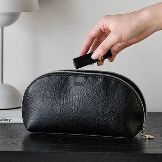 Simple Leather Half-Moon Shaped Cosmetic Storage Pouch  Silver Small