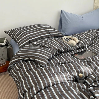 Gray x Blue Stripe Soft Cotton Duvet Cover Set   Bed Cover  All Seasons  Year-Round