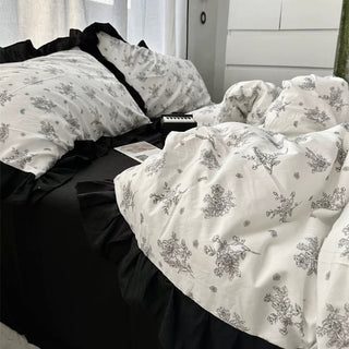 Flower Pattern Black Frill Monotone Duvet Cover Set  All Season