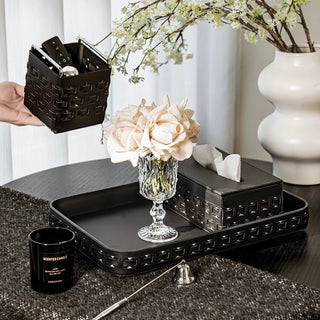 Piece Set: Braided Geometric Pattern Leather Tray Tissue Box Small Item Holder  Storage Brush Stand