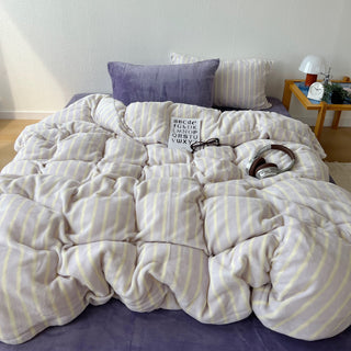 Purple Stripe Milk Velvet Winter Duvet Cover Set