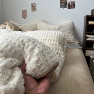 White Beige Thick Milk Fleece Winter Duvet Cover Set