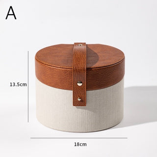Leather Handle Round Makeup Box with Mirror Small Item Storage Cosmetic Storage