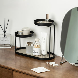 Iron Leather Black Frame Asymmetrical Storage Three-Tier Tray Rack