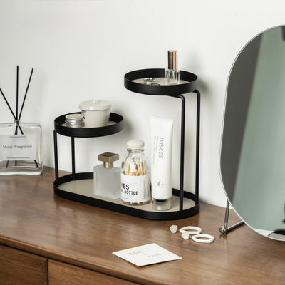 Iron Leather Black Frame Asymmetrical Storage Three-Tier Tray Rack