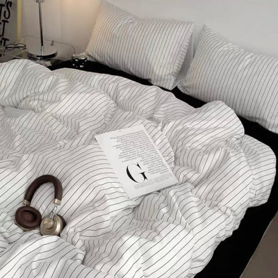 White Black Pinstripe Cotton Duvet Cover Set   All Seasons