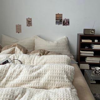 White Beige Thick Milk Fleece Winter Duvet Cover Set