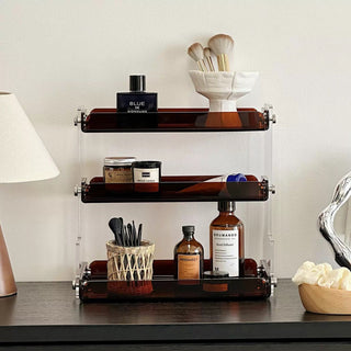 Clear Brown Acrylic Three-Tier Storage Display Rack for Cosmetics and Perfumes