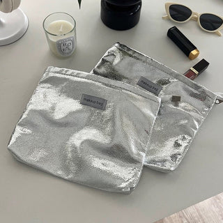 Metallic Silver Rectangular Flat Cosmetic Storage Pouch Large Capacity Organization