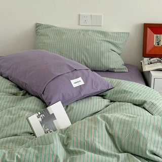 Green Purple Pin Stripe Cotton Duvet Cover Set 2 Sizes  All Seasons