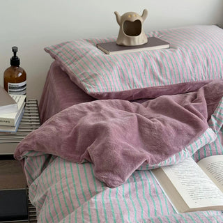 PinkPurple Pin Stripe Cotton Fleece Winter Duvet Cover Set
