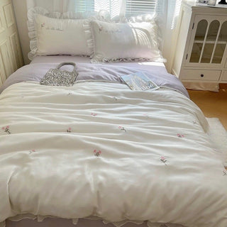 Cooling Flower Embroidery Lace Frill Duvet Cover Set   Bed Cover  Cooling Touch
