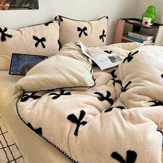 Faux Fur Black Ribbon Pattern Winter Duvet Cover Set