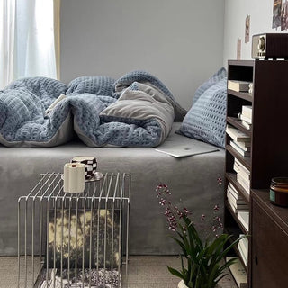 Blue Gray Thick Milk Fleece Winter Duvet Cover Set