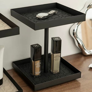 360 Degree Rotating Iron Braided Leather Square Two-Tier Tray  Storage Rack