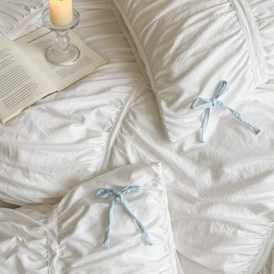 White Gathered Romantic Ribbon Duvet Cover Set  All Seasons