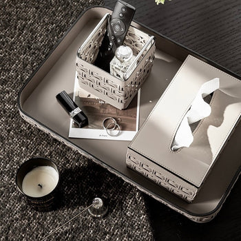 Piece Set: Braided Geometric Pattern Leather Tray Tissue Box Small Item Holder  Storage Brush Stand