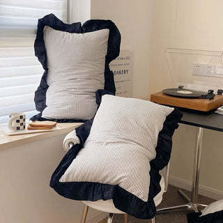 Gray Stripe Black Frill Cotton Duvet Cover Set  All Season