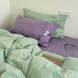 Green Purple Pin Stripe Cotton Duvet Cover Set 2 Sizes  All Seasons