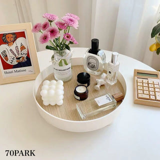Wood grain print round accessory trayin  small item holder.