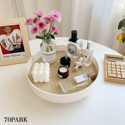Wood grain print round accessory trayin  small item holder.