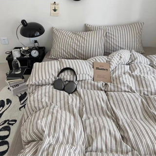 Greige White Stripe Cotton Duvet Cover Set  All Season