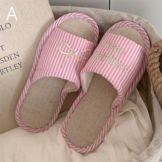Ribbon embroidered striped linen room shoes  3 sizes indoor slippers.