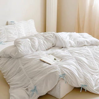 White Gathered Romantic Ribbon Duvet Cover Set  All Seasons