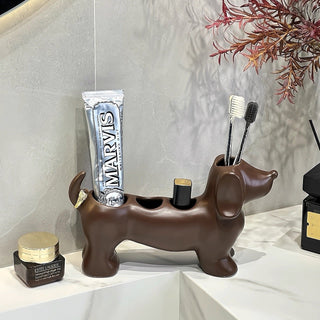 Dachshund motif ceramic toothbrush holder dog-themed storage bathroom sink.