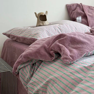 PinkPurple Pin Stripe Cotton Fleece Winter Duvet Cover Set
