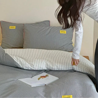 Gray Double-Sided Striped Cotton Duvet Cover Set   Bed Cover  All Seasons