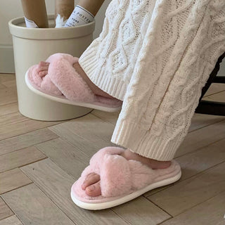 Cross Faux Fur Fluffy Room Shoes  Indoor Slippers