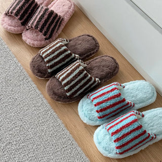 Striped Boa Fur Open Slippers   3 Sizes  Indoor Room Shoes