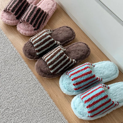 Striped Boa Fur Open Slippers   3 Sizes  Indoor Room Shoes