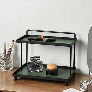 Top handle included. Iron and leather black frame storage tray two-tiered rack. Display rack.