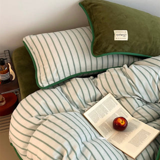 Green stripe piping thick milk fleece winter duvet cover set 2 sizes