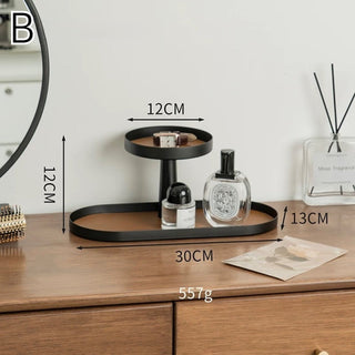 Iron Leather Oval Round Two-Tier Tray  Storage Rack Cosmetic Storage