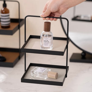 Handled Iron Leather Square Two-Tier Tray  Storage Rack Display