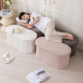 Folding Oval Boucle Storage Stool  Ottoman Bench Stool Storage Storage Box