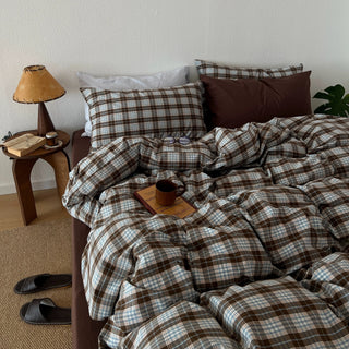 Brown Sheets Checkered Pattern Cotton Duvet Cover Set  All Seasons