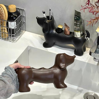 Dachshund motif ceramic toothbrush holder dog-themed storage bathroom sink.
