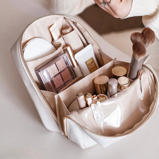 Square-shaped makeup and cosmetic storage pouch self-standing medium size white
