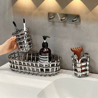 Silver Woven Oval Ceramic Basket for Small Item Storage