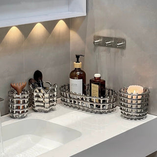 Silver Woven Oval Ceramic Basket for Small Item Storage